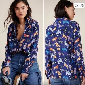 Anthropologie Carolyn Gavin Blue Mariposa 100% Silk Blouse Button Up Cat Artsy 6